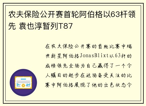 农夫保险公开赛首轮阿伯格以63杆领先 袁也淳暂列T87